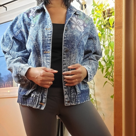 RARE  | Vintage Roglins Acid Wash Bomber Jean Jacket Glitter florals (Size M) - Picture 11 of 16